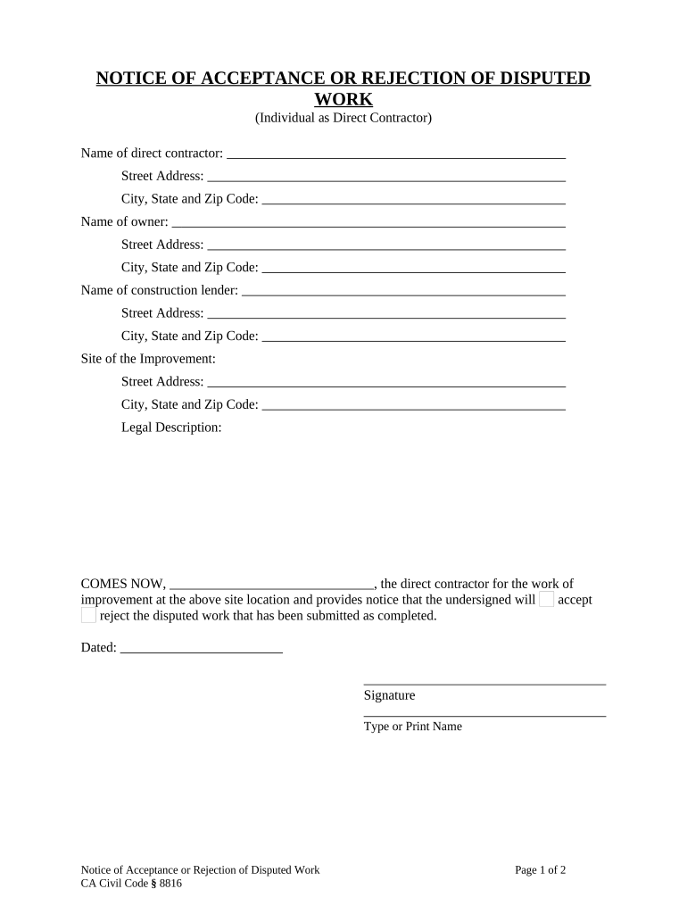 California Rejection  Form