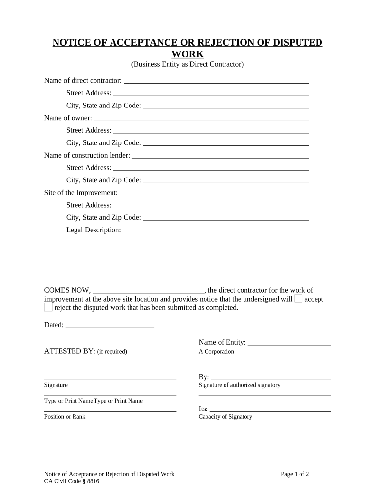 Notice of Acceptance or Rejection of Disputed Work Construction Liens Business Entity California  Form