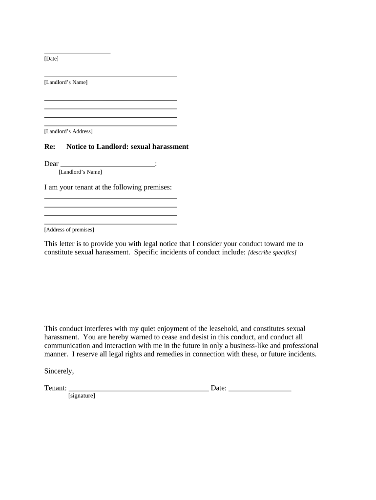 Letter from Tenant to Landlord About Sexual Harassment California  Form