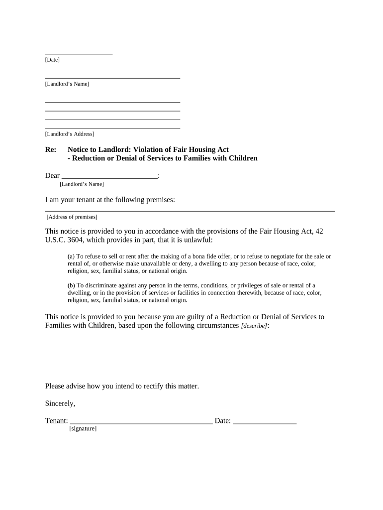 Letter from Tenant to Landlord About Fair Housing Reduction or Denial of Services to Family with Children California  Form