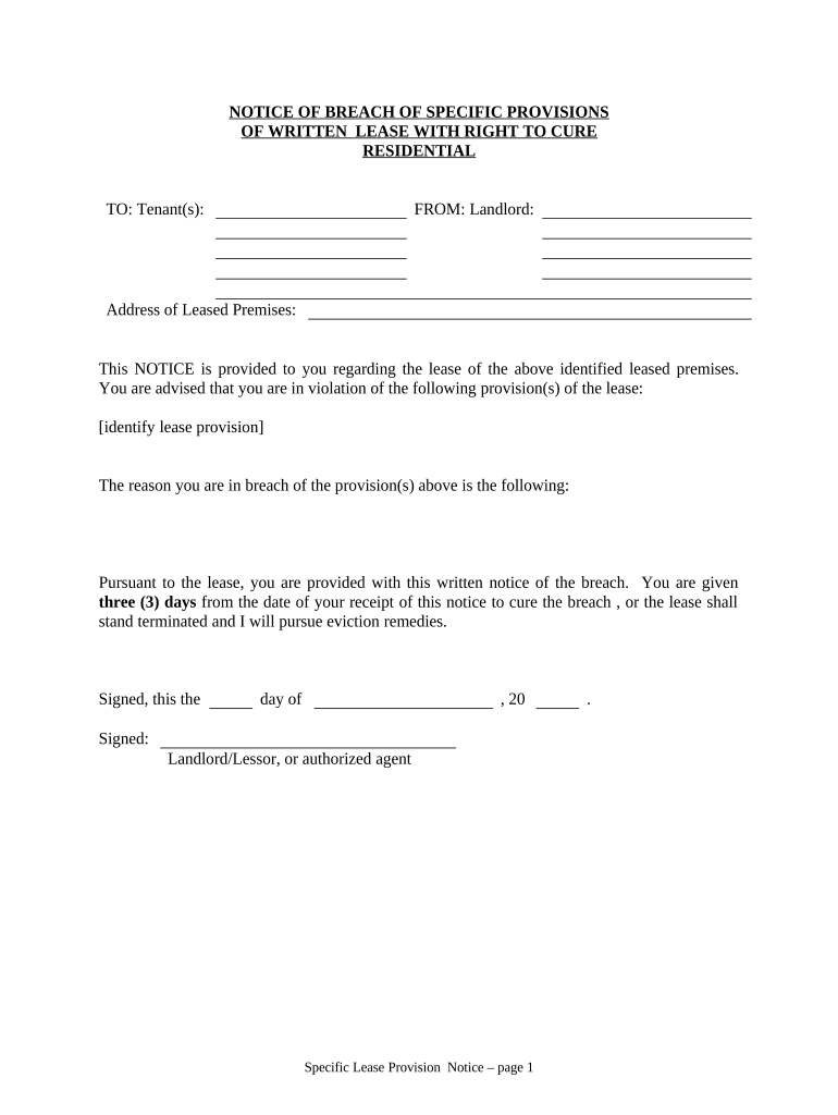 Notice of Breach of Written Lease for Violating Specific Provisions of Lease with Right to Cure for Residential Property from La  Form