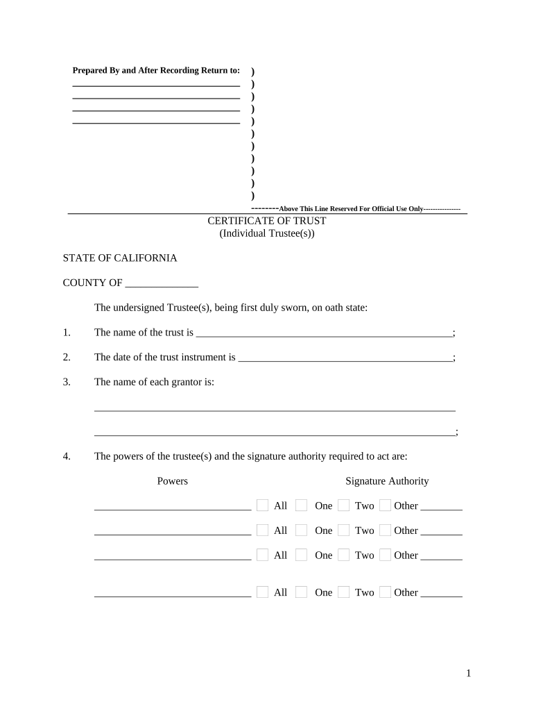 California Certificate of Trust by Individual California  Form