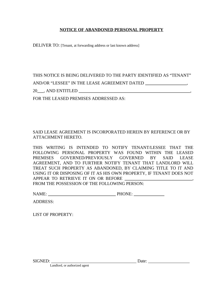 Letter from Landlord to Tenant as Notice of Abandoned Personal Property California  Form