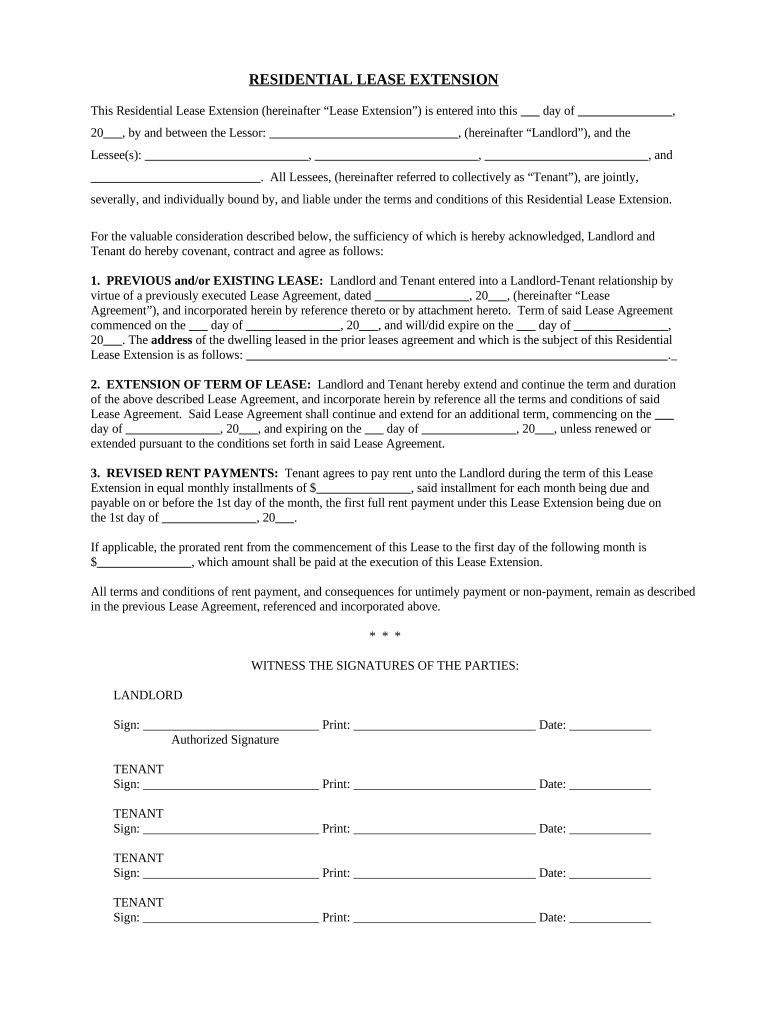 Fill and Sign the Residential or Rental Lease Extension Agreement California Form