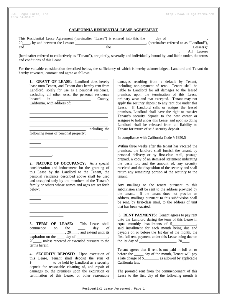 Residential Rental Lease Agreement California  Form