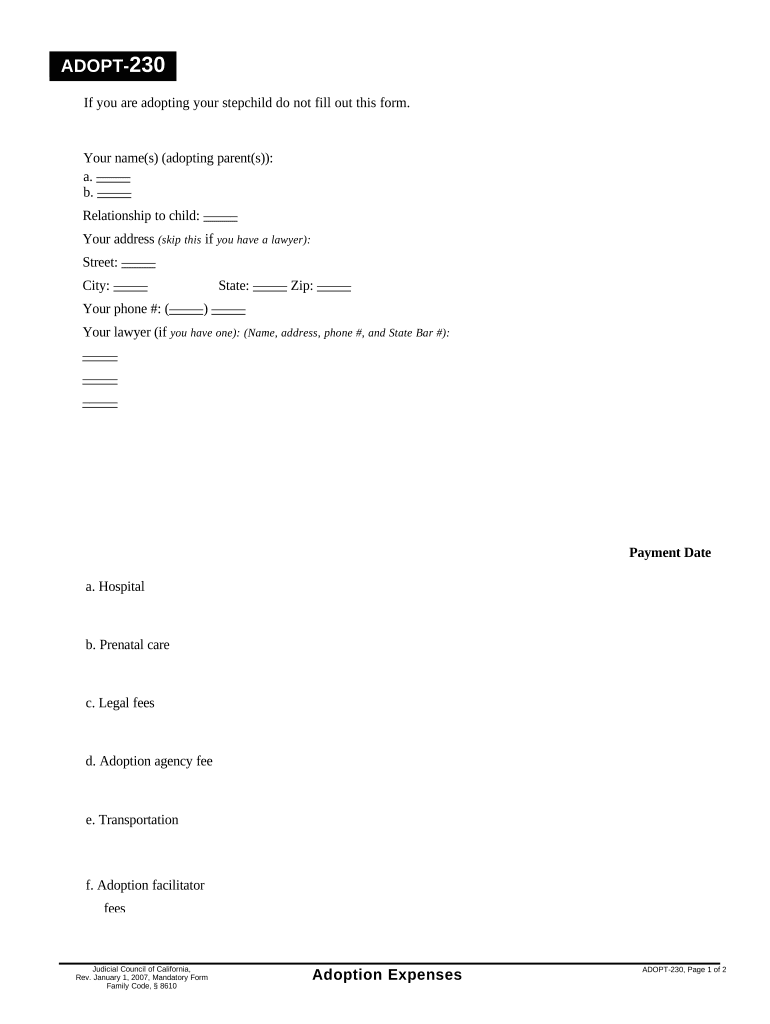 Adoption Expenses California  Form