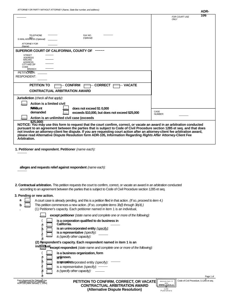 California Petition Vacate Arbitration Award  Form