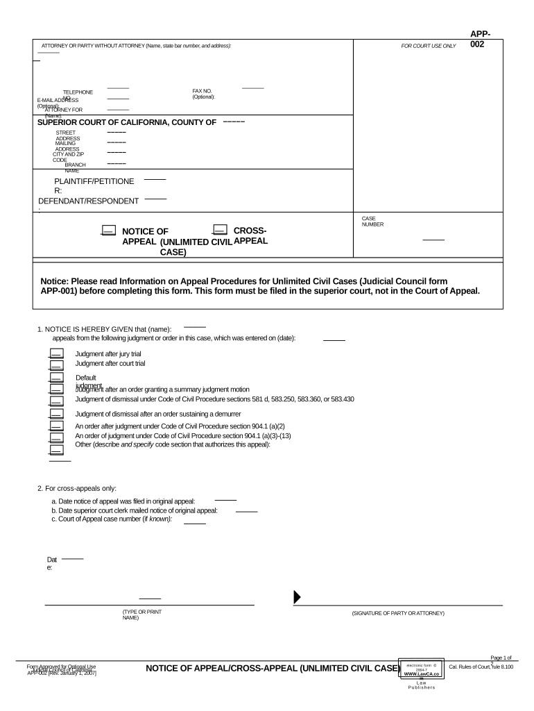 California Appeal  Form