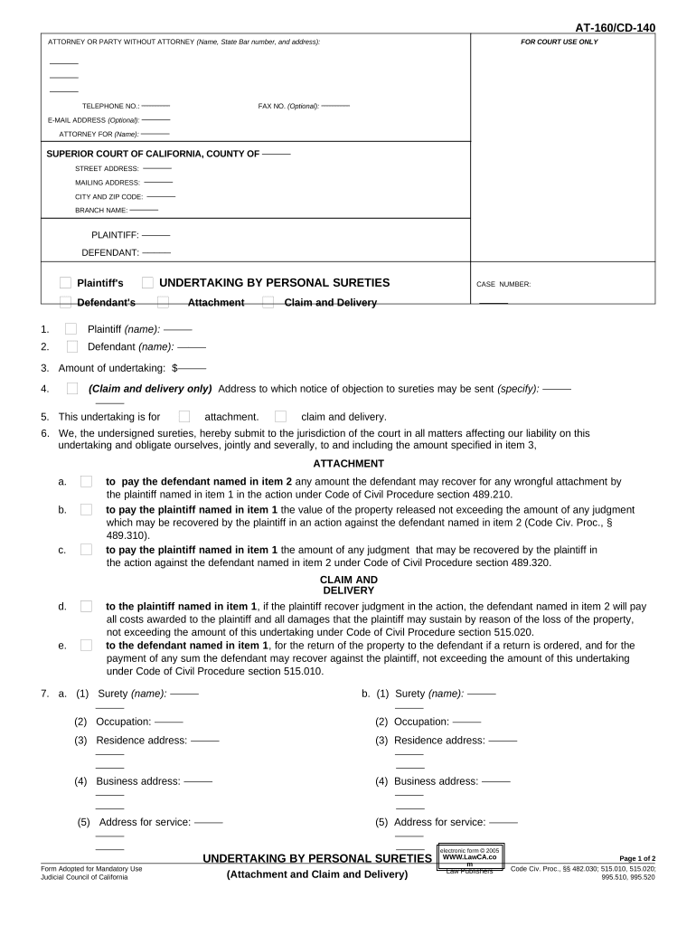 Undertaking by Personal Sureties Same as CD 140 California  Form