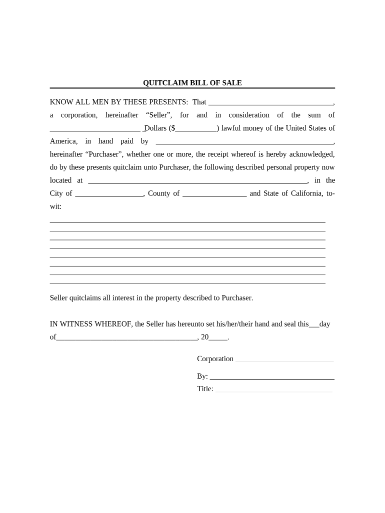 Bill of Sale Without Warranty by Corporate Seller California  Form