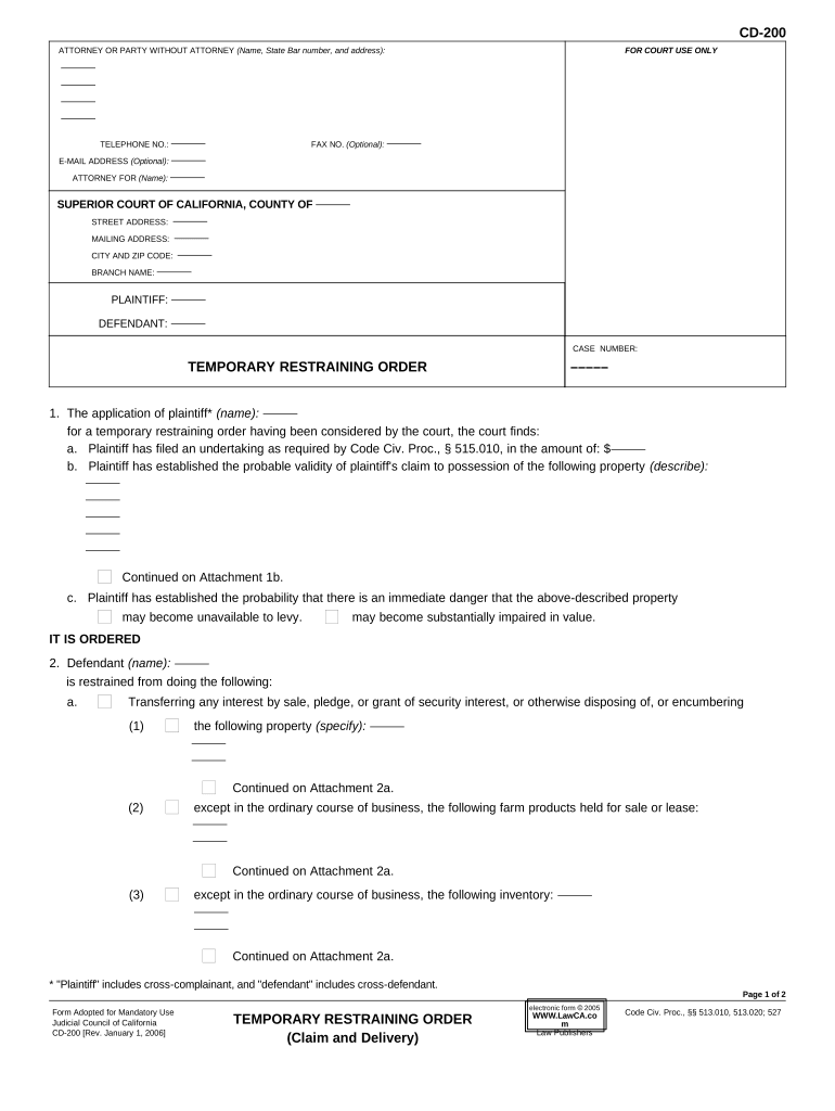 Temporary Restraining Order  Form