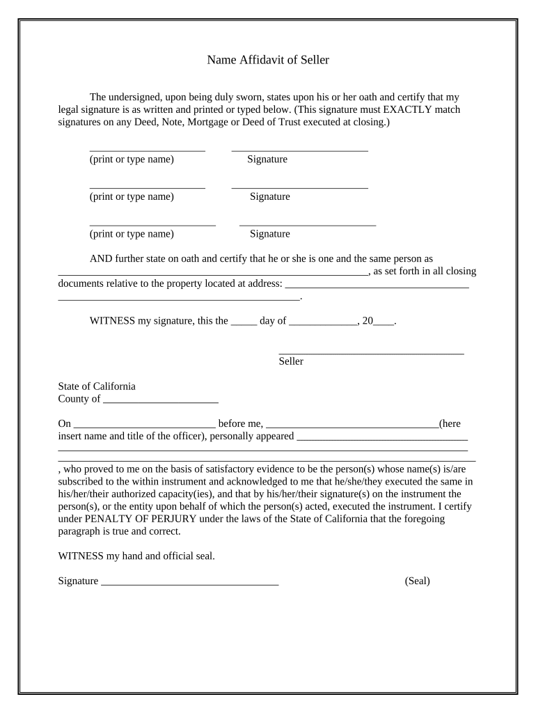 Name Affidavit of Seller California  Form