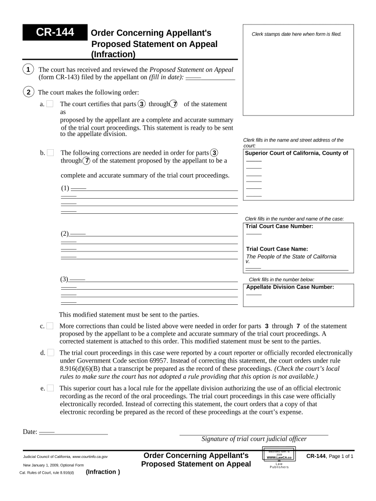 Order Concerning Appellant's Proposed Statement on Appeal Infraction California  Form
