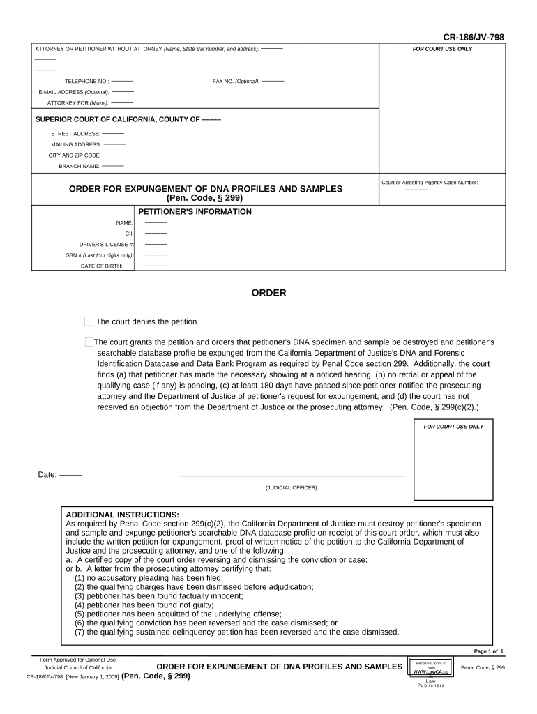 Order for Expungement of DNA Profiles and Samples California  Form