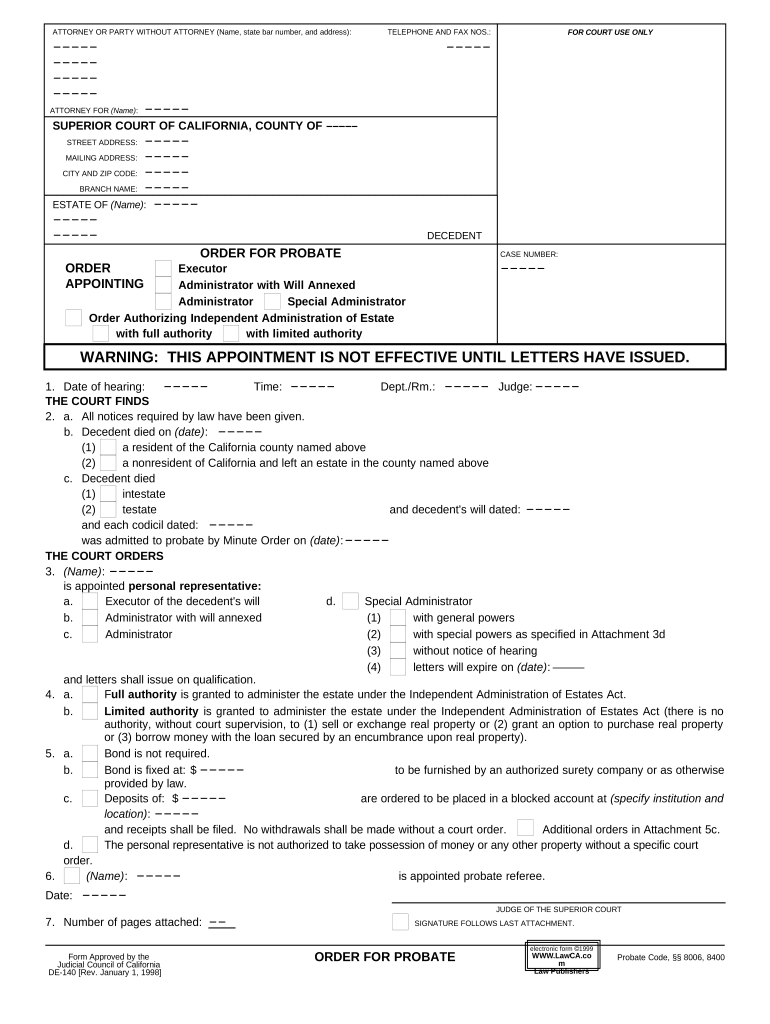 Fill and Sign the Ca Order Probate Form