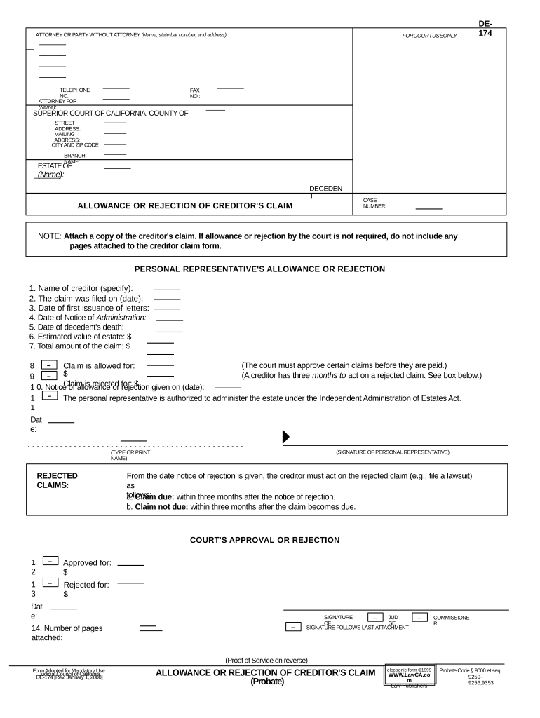 California Creditor Claim  Form