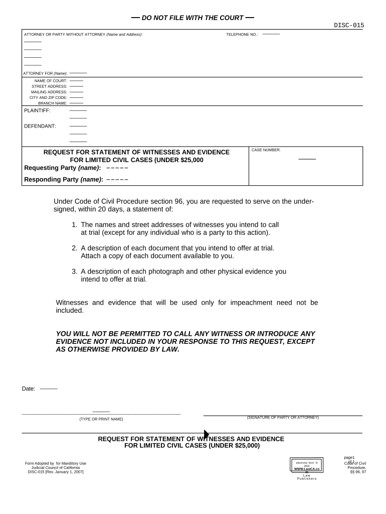 Request Evidence Sample  Form