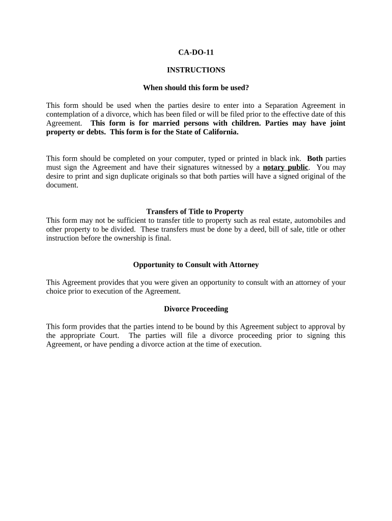 Marital Legal Separation and Property Settlement Agreement Where Minor Children and Parties May Have Joint Property or Debts and  Form