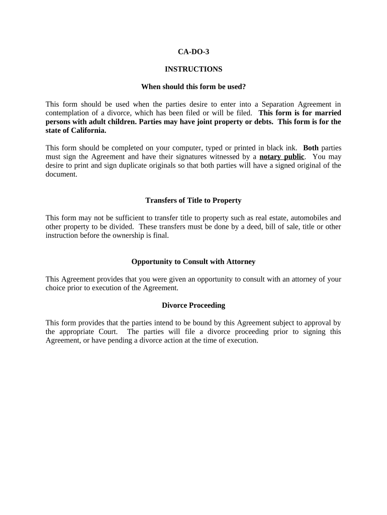 Legal Separation and Property Settlement Agreement with Adult Children Marital Parties May Have Joint Property or Debts Divorce   Form