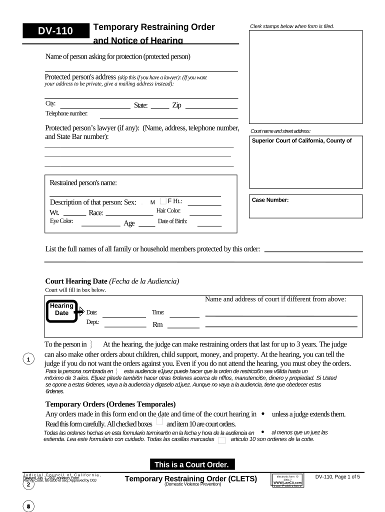 Temporary Restraining Order  Form