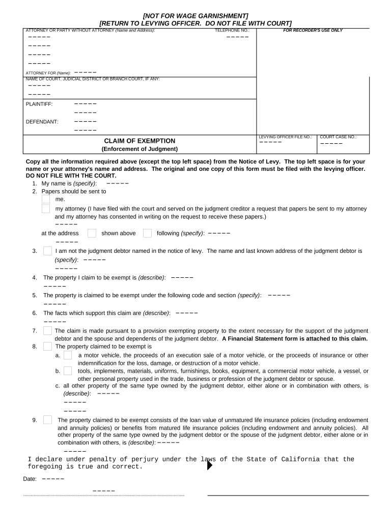 Claim of Exemption California  Form