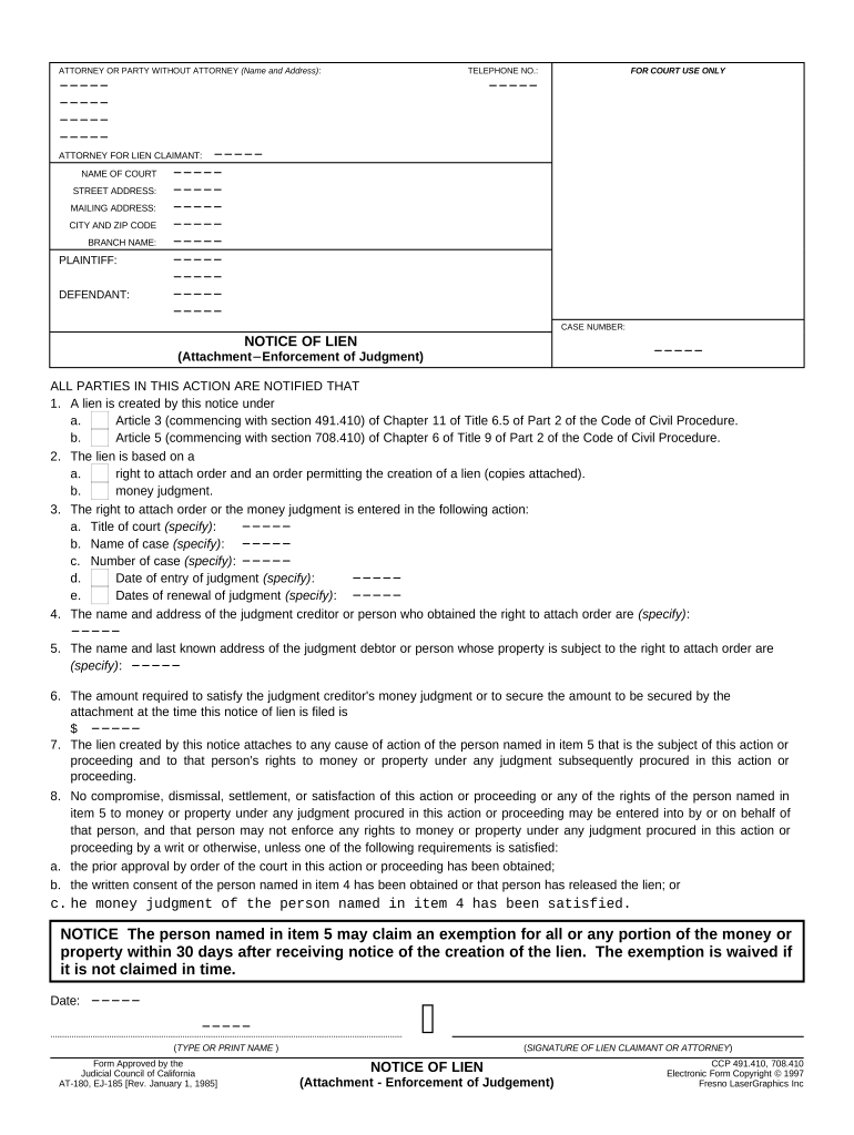 Notice of Lien Same as at 180 California  Form