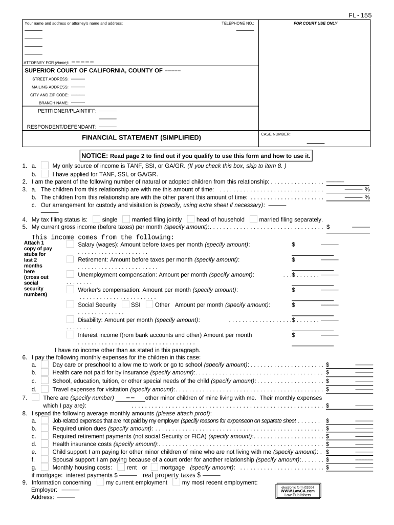 Financial Statement Simplified California  Form