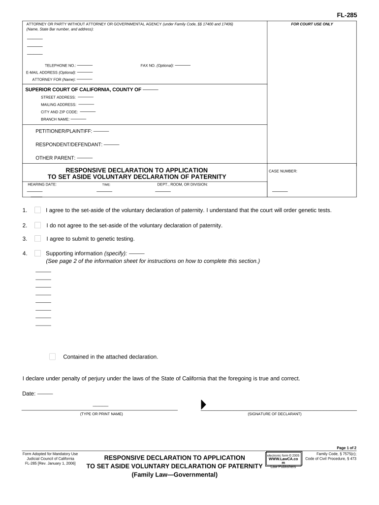 California Declaration Paternity Form