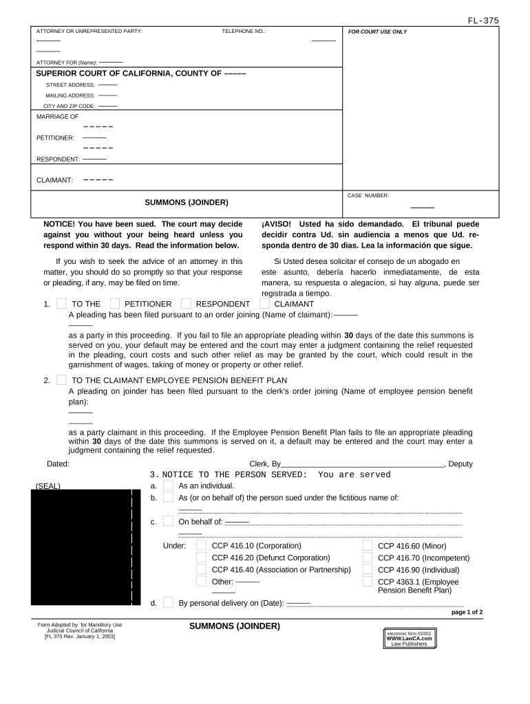 Summons Joinder California  Form