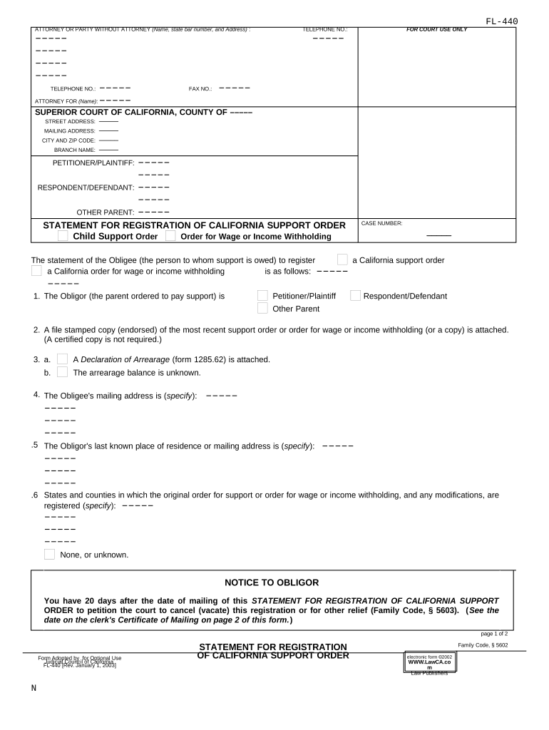 Registration of Support Order  Form