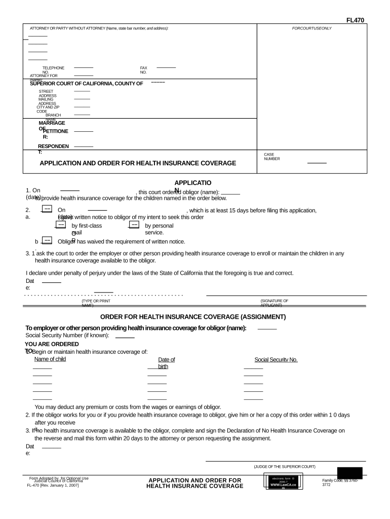 Application and Order for Health Insurance Coverage California  Form