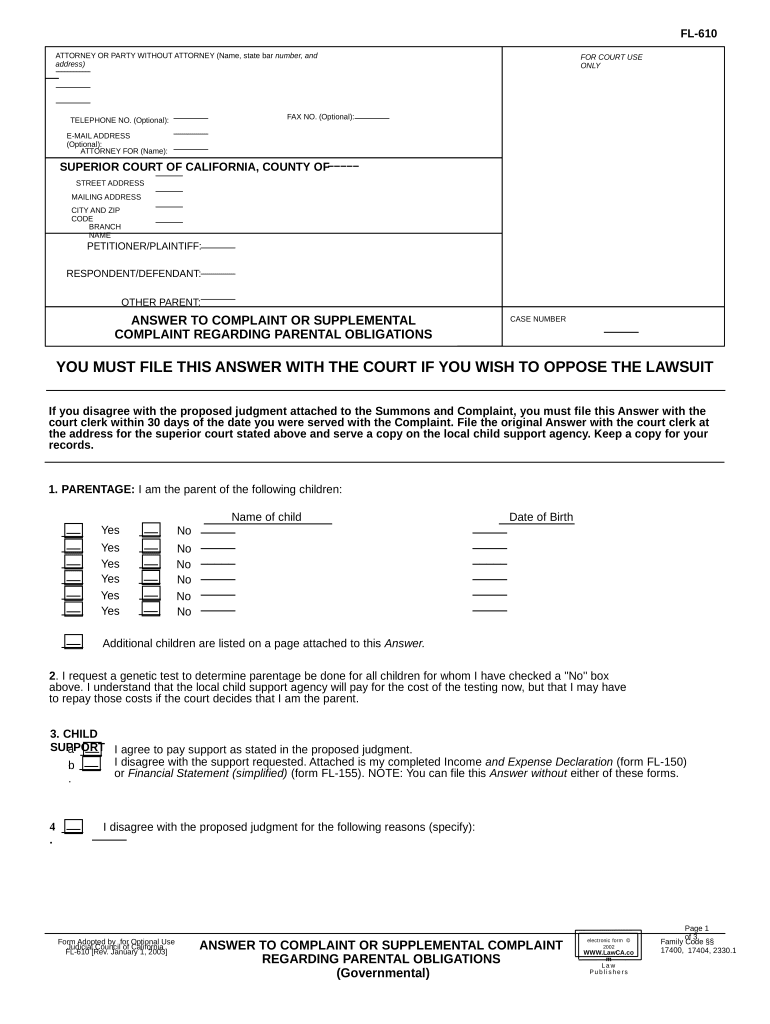 California Answer Complaint  Form