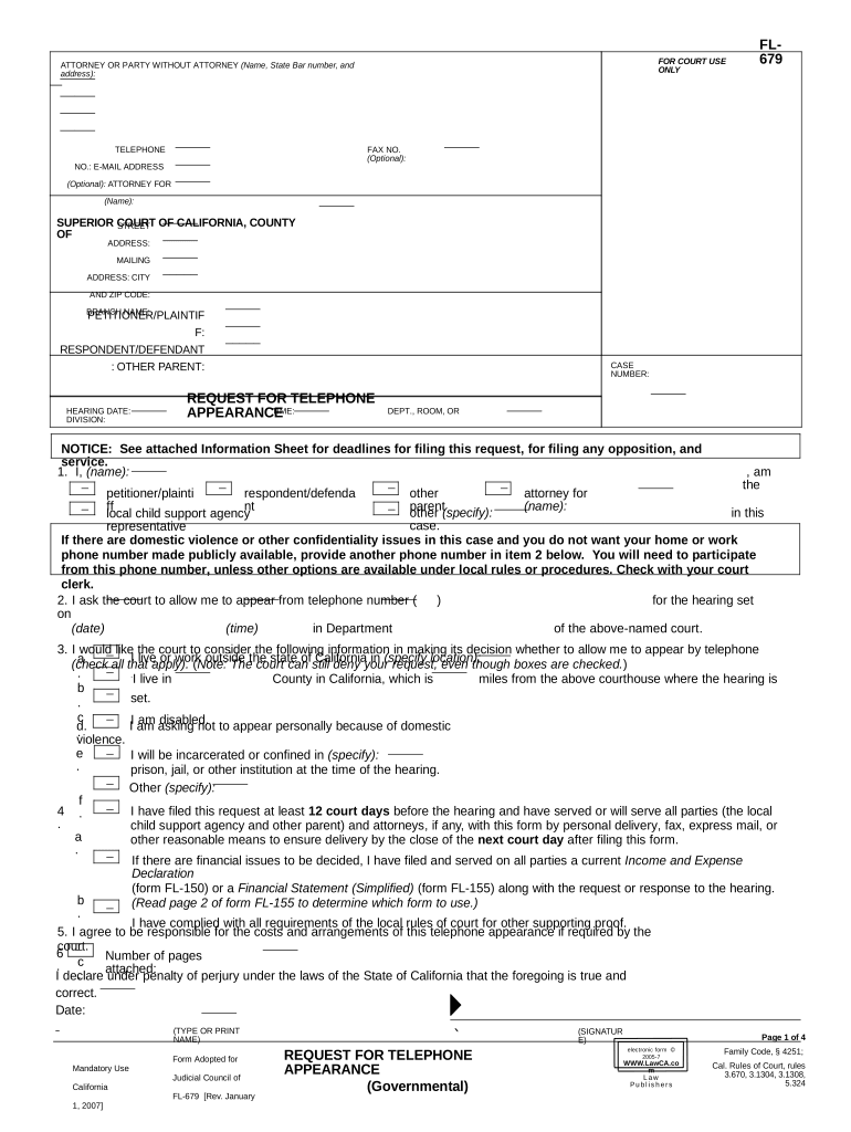 Request for Telephone Appearance Governmental California  Form