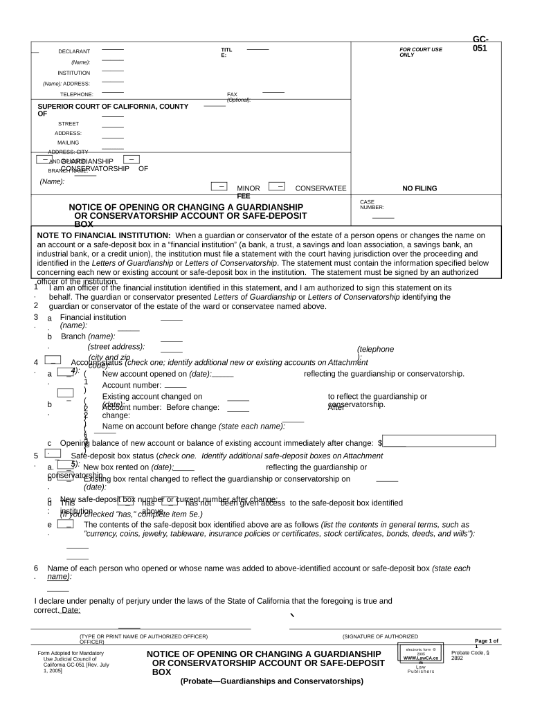 California Safe Deposit Box  Form