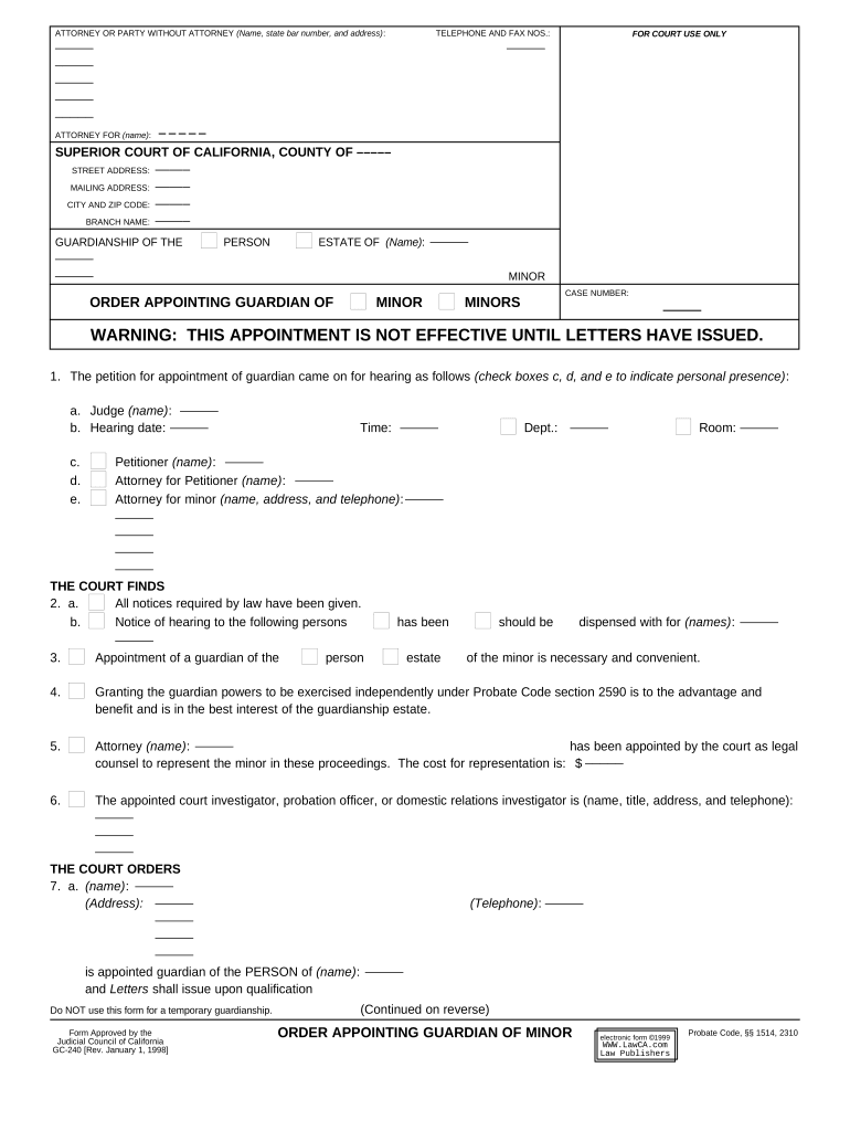 Order Appointing Guardian of Minor California  Form