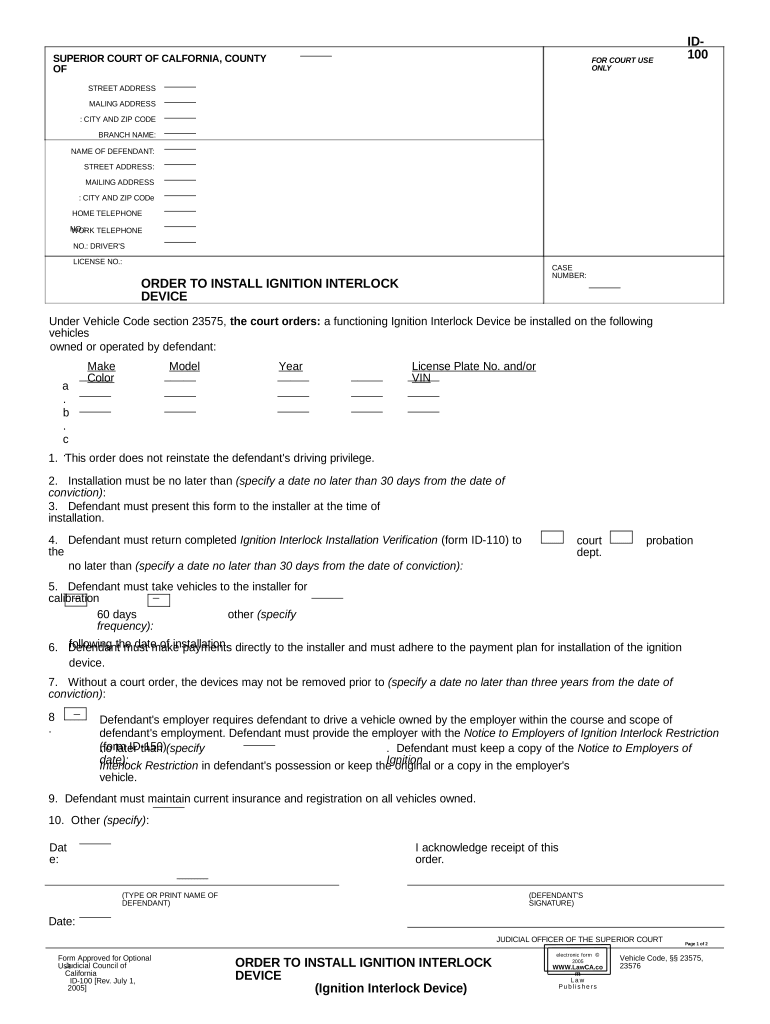 Order to Install Ignition Interlock Device California  Form