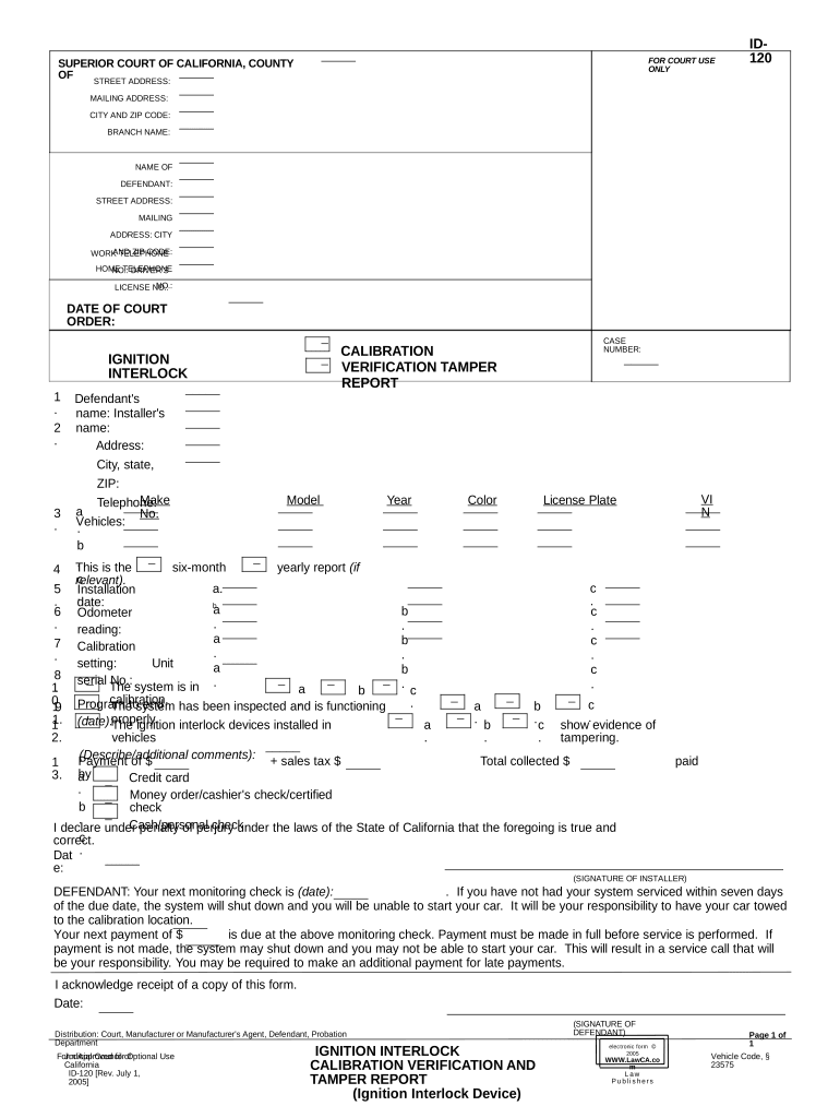 Ignition Interlock Calibration Verification and Tamper Report California  Form