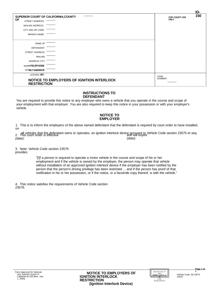 Notice to Employers of Ignition Interlock Restriction California  Form