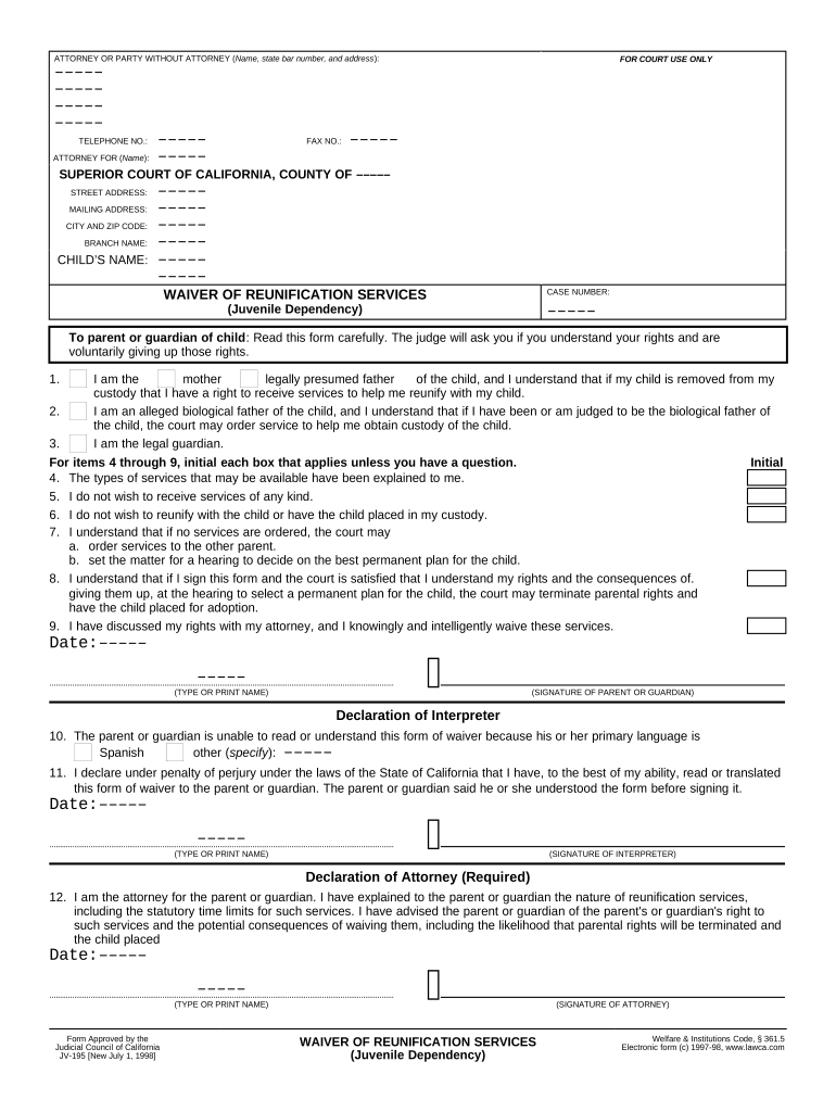 Waiver Reunification Services  Form