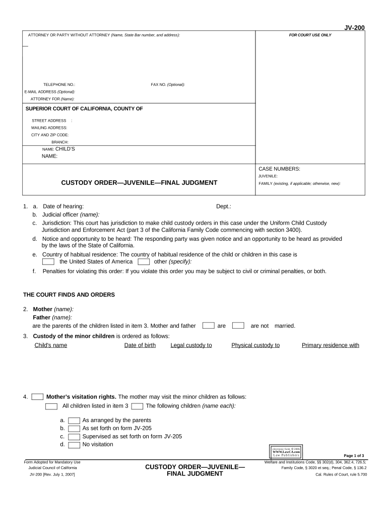 Custody Juvenile Order  Form