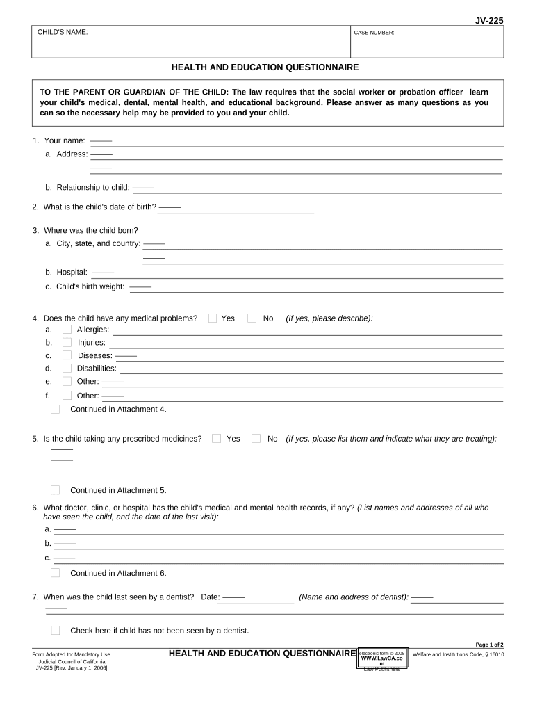 Health and Education Questionnaire California  Form