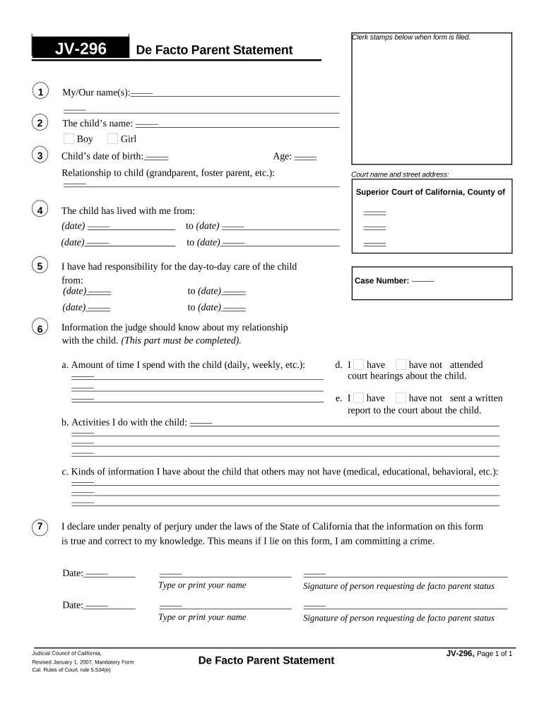 De Facto Parent Statement California  Form