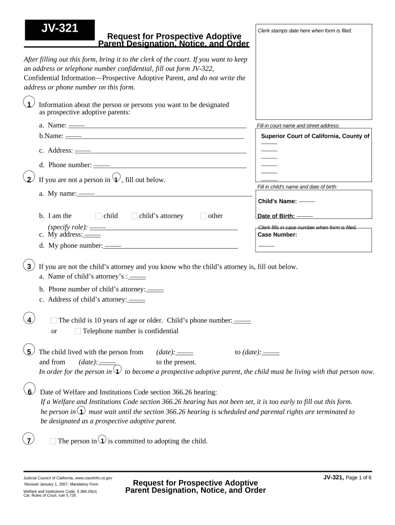 Request for Prospective Adoptive Parent Designation, Notice and Order California  Form