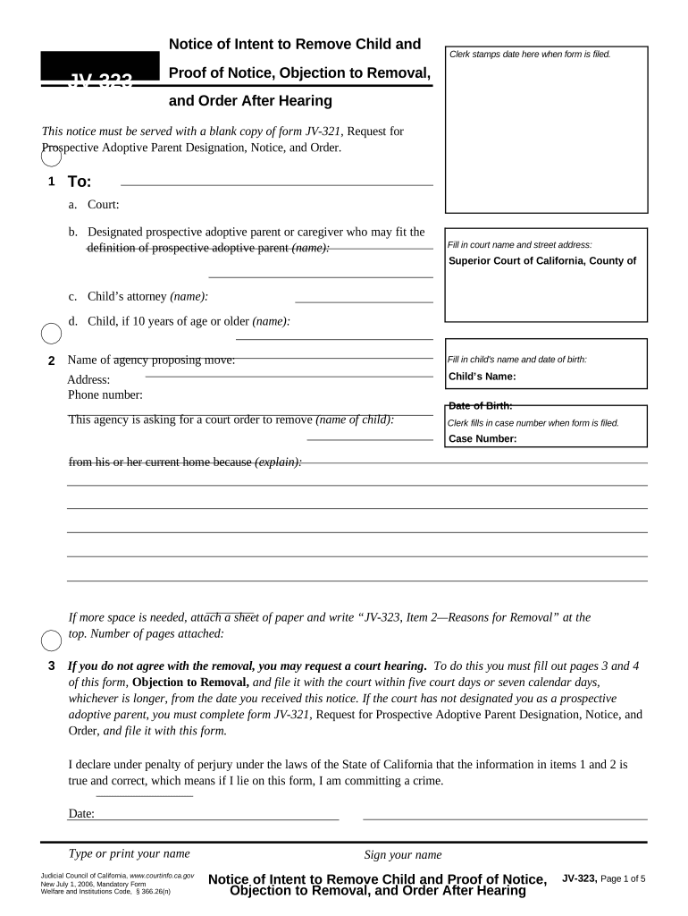 Notice of Intent to Remove Child and Proof of Notice, Objection to Removal, and Order After Hearing California  Form