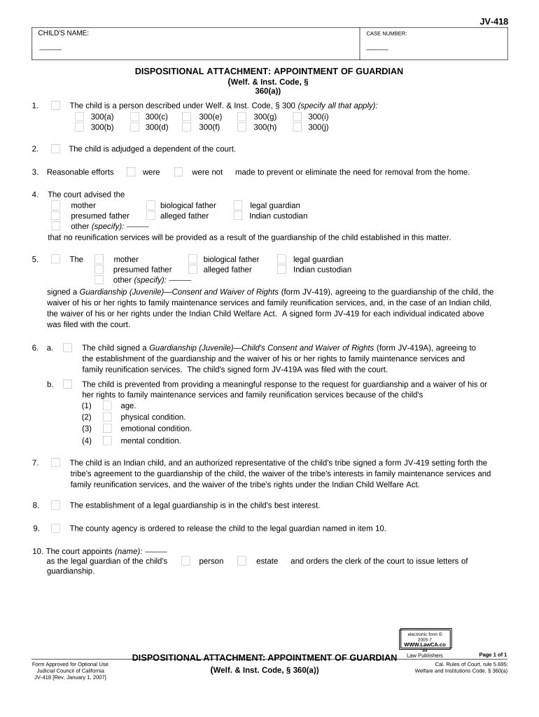 Dispositional Attachment Appointment of Guardian California  Form