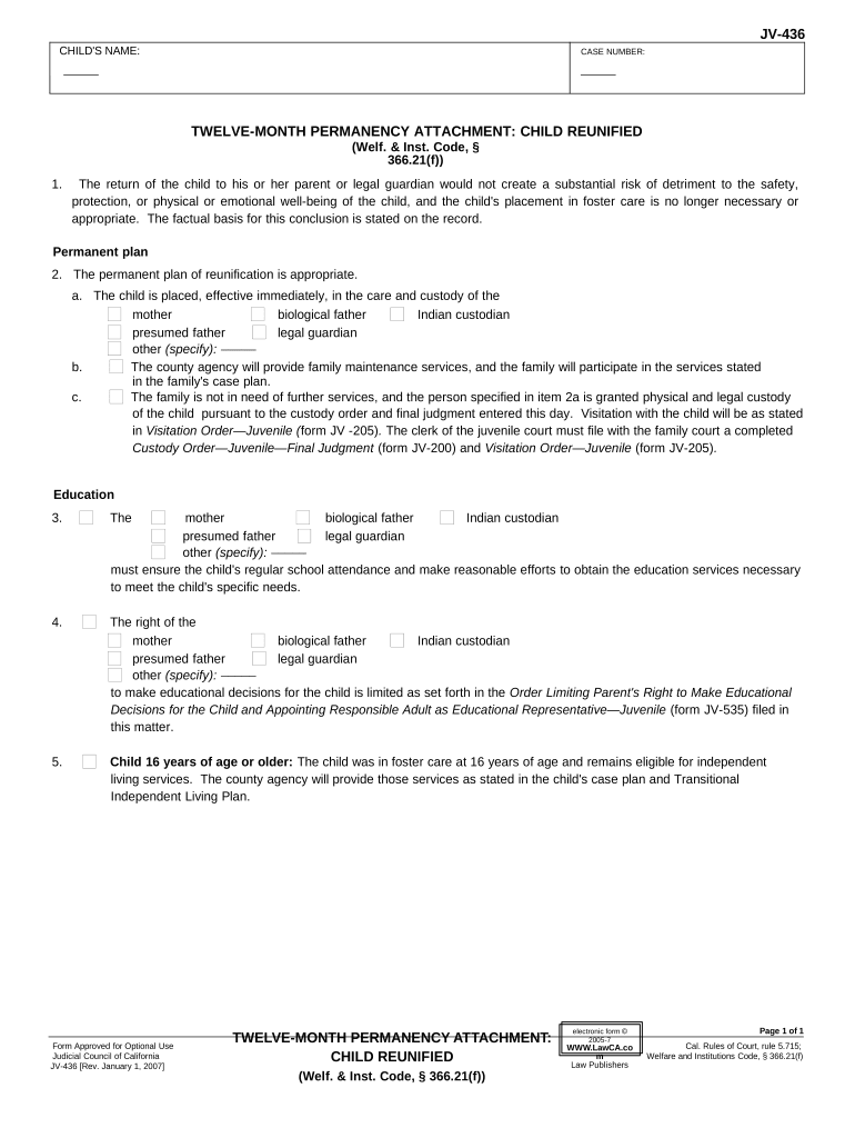 Twelve Month Permanency Attachment Child Reunified California  Form