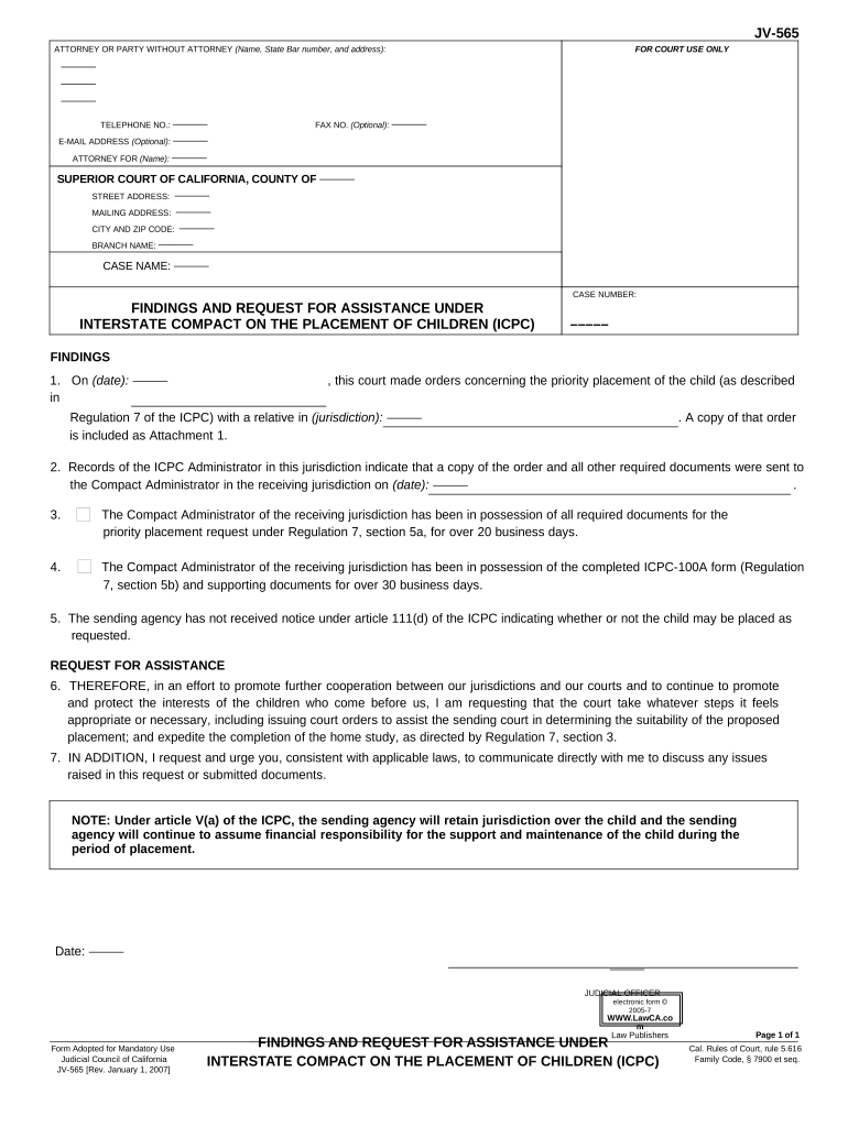 Findings and Request for Assistance under Interstate Compact on Placement of Children California  Form