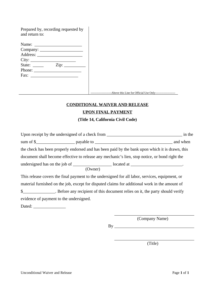 Ca Conditional Waiver  Form