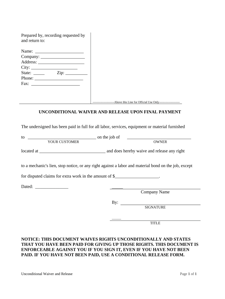 Unconditional Waiver on Final Payment  Form