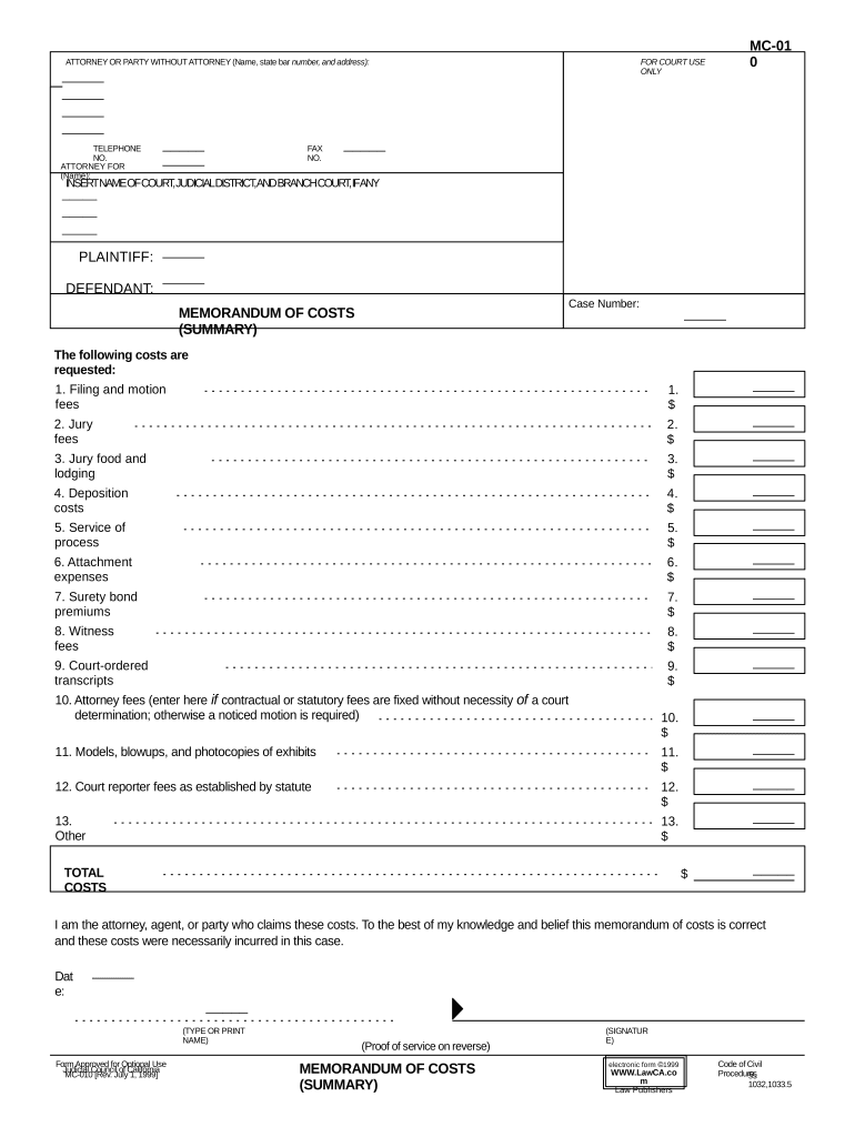 Memorandum Costs California  Form